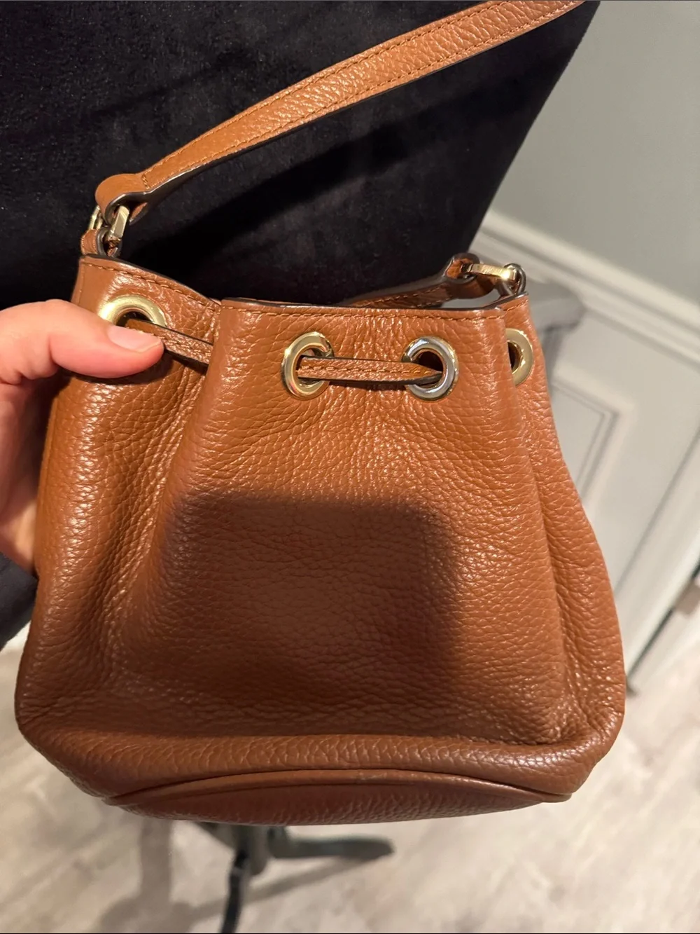Michael Kors Tan Pebbled Leather Mini Drawstring Bucket Bag
